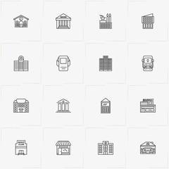 City Building line icon set with police station , building with clock  and stall