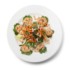 Salad with shrimps, isolated on white background, view from above