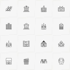 City Building line icon set with building, petrol station  and church