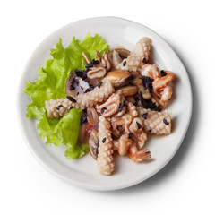 Octopus salad, isolated on white, view from above