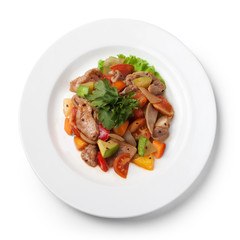 Vietnamese salad with fruits, isolated on white, view from above