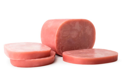 Sausage with ham close - up cut into pieces.