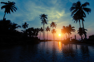 Plakat Beautiful twilight on tropical beach with silhouettes of palm trees.