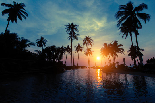Beautiful twilight on tropical beach with silhouettes of palm trees.