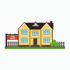 The house and sign with text "For rent" in the foreground. Vector  illustration.  Real Estate concept, template for sales, rental, advertising. Vector  illustration.