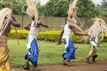Rwandan men tribal ritual dancing celebration, Virunga National Park, Rwanda