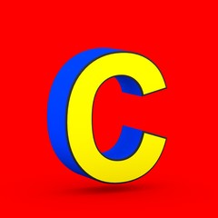 Blue and yellow superhero letter C uppercase isolated on red background.