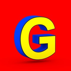 Blue and yellow superhero letter G uppercase isolated on red background.