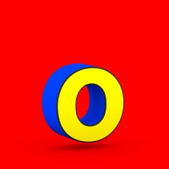 Blue and yellow superhero letter O lowercase isolated on red background.