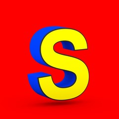 Blue and yellow superhero letter S uppercase isolated on red background.