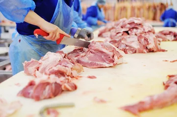 Photo sur Plexiglas Viande Cutting and processing of meat at a meat-packing plant. Food industry