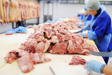 Cutting and processing of meat at a meat-packing plant. Food industry