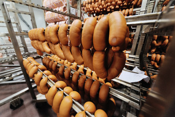 Sausages hanging in a smoking chamber close-up against a meat-packing plant