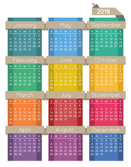 Calendar 2019 / English planning calendar for year 2019, week starts on Sunday, colorful calendar template, vector illustration