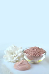 Deep cleansing cosmetic bentonite (montmorillonite) clay for beauty spa face mask, body detox and hair treatments. Clay and activated charcoal powder and mask in glass bowl.
