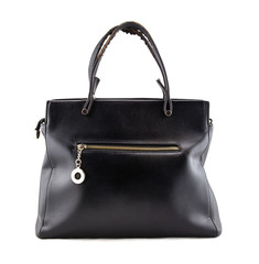 Black leather female bag on white background.