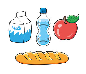 Milk carton, water bottle, red apple fruit, baguette bread. Food icons set isolated.