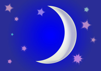 month against the background of the night blue sky large stars around
