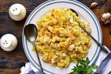 Pilav with chicken and vegetables.Top view with copy space.