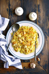 Pilav with chicken and vegetables.Top view with copy space.