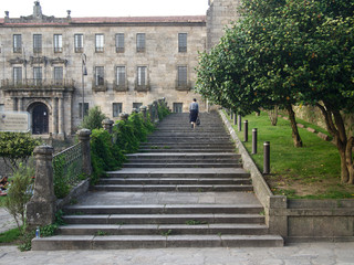 Fototapeta na wymiar Back view of walking woman tourist on stone stair
