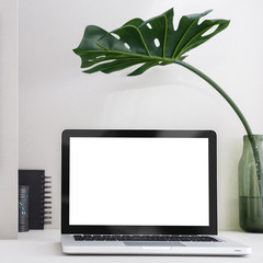 Laptop and monstera plant in vase in stylish home workspace desk. Mock up.