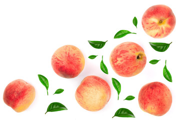 ripe peaches isolated on white background with copy space for your text. Top view. Flat lay pattern