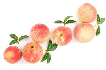 ripe peaches with leaves isolated on white background with copy space for your text. Top view. Flat lay pattern