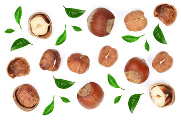 Hazelnuts with leaves isolated on white background. Top view. Flat lay