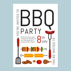 Bbq party invitation with grill and food. Barbecue poster. Food flyer. Flat style, vector illustration.