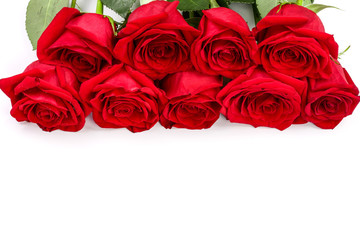 beautiful red rose with leaves isolated on white background with copy space for your text. Top view. Flat lay pattern