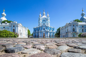 Saint Petersburg. Smolny Cathedral. Architecture of Petersburg. Morning in St. Petersburg. Cities of Russia. Museums in St. Petersburg. Panorama of the Smolny Cathedral.