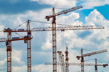 Building crane against the sky. A lot of construction equipment. Construction site.