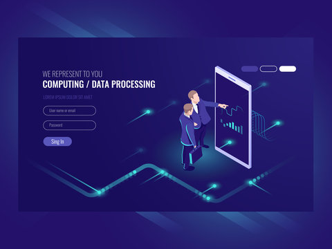 Man look graphic chart, business analytics concept, big data processing icon, virtual reality interface, server room admin administrator, isometric illustration vector neon