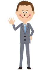 ポップなグレーのスーツの短髪ビジネスマンが挨拶