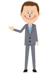 ポップなグレーのスーツの短髪ビジネスマンがご案内