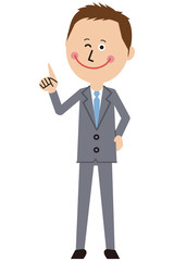 ポップなグレーのスーツの短髪ビジネスマンが指差し