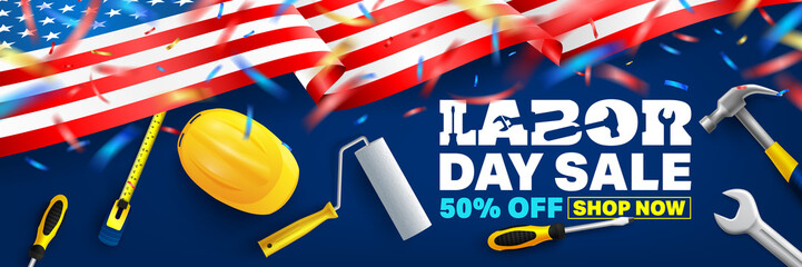 Labor Day Sale Brochures,Poster or Banner template.USA labor day celebration with American flag.Sale promotion advertising banner template for USA Labor Day