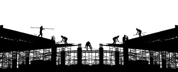 Silhouette of worker working on New bridge construction on white background. - obrazy, fototapety, plakaty
