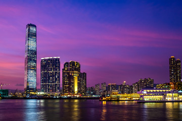 Twilight of Victoria Harbor of Hong Kong