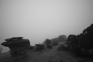 Rock formations in the fog and mist on Mt. Lemmon, Arizona, USA.