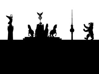 Fototapeta na wymiar Berlin City Skyline With Silhouettes Of The Victory Column, The Quadriga of Brandenburg Gate, The TV Tower And The Berlin Bear, Black And White With Copy Space
