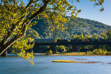 A train crossing the Potomac River in Harpers Ferry, West Virginia.