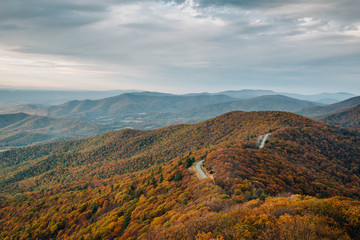 Fall color and Blue Ridge Mountains from Little Stony Man Cliffs, on the Appalachian Trail in...