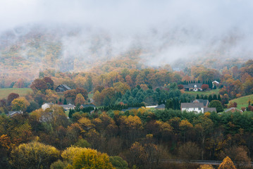 Foggy Appalachian autumn view from the Blue Ridge Parkway, near Roanoke, Virginia.