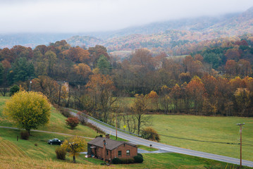 Fototapeta na wymiar Foggy Appalachian autumn view from the Blue Ridge Parkway, near Roanoke, Virginia.