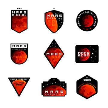 Set Of Space Mission To Mars Vector Logos