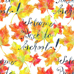 Seamless pattern with text welcome back to school and fallen leaves on white. Back to school watercolor illustration, September 1 and knowledge day concept, doodle drawings