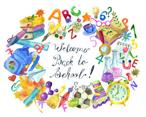 School concept collage with studying objects and text welcome back to school on white. Back to school watercolor illustration, September 1 and knowledge day concept, doodle drawings
