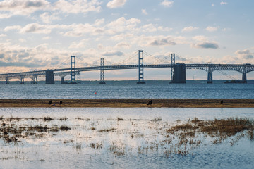 Sunrise view of the Chesapeake Bay Bridge from Sandy Point State Park, in Annapolis, Maryland